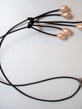 New - Pink Blush Oval Pearls and Black Leather Necklace